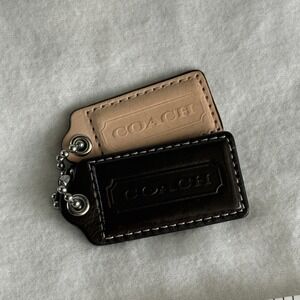 COACH 2.25" Hang Tag Bag Charm Tan & Dark Brown Leather Set, Silver Ball Chain